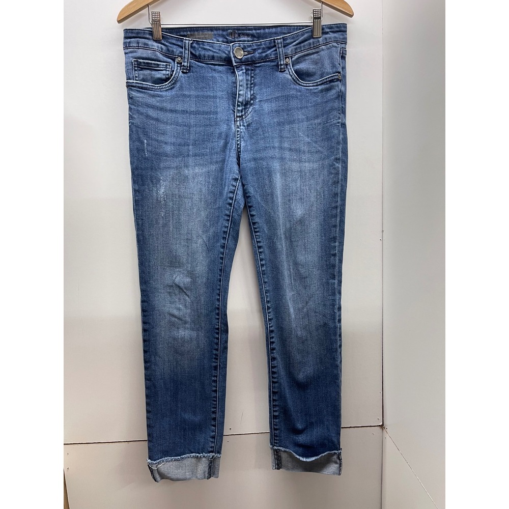 Kut from the Kloth Ankle Straight Leg Jeans Medium Wash Frayed Hem Size 8